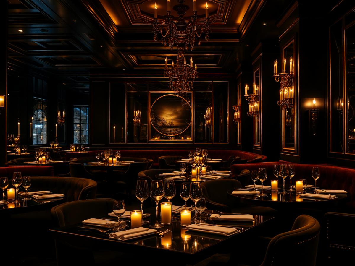 Candlelit dining room with velvet banquettes